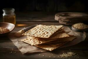 Pesah Feier Konzept jüdisch Passah Urlaub. Matze Brot. neural Netzwerk ai generiert foto