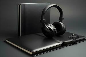 Audio- Buch Konzept. schwarz Kopfhörer und ein Buch. neural Netzwerk ai generiert foto