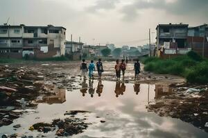 Schmutz Straße auf das Straße im Afrika, Kinder sind gehen. neural Netzwerk ai generiert foto