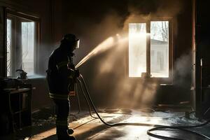 Feuerwehrleute Sprühen Wasser im Feuer Kampf Betrieb, Feuer und Rettung Ausbildung Schule regelmäßig. neural Netzwerk ai generiert foto