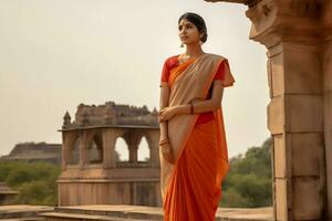 Porträt von ein traditionell gekleidet Frau von indisch Herkunft. neural Netzwerk ai generiert foto