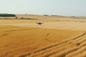 Drohne fliegend Über das Feld. Clever Landwirtschaft kontrolliert. neural Netzwerk ai generiert foto