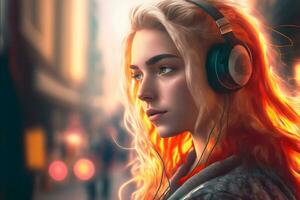 Porträt von jung Mädchen mit blond Haar Hören Musik- mit Kopfhörer auf Stadt Straße. neural Netzwerk generiert Kunst foto