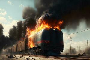 Verbrennung Zug Auto auf Feuer Unfall auf Zug Hof. neural Netzwerk generiert Kunst foto