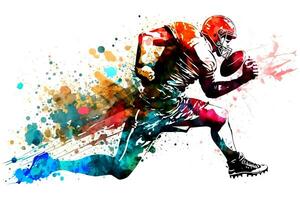 amerikanisch Fußball Spieler Mann mit mehrfarbig Farbe Spritzen, isoliert auf Weiß Hintergrund. neural Netzwerk generiert Kunst foto