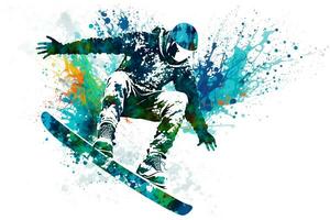 Mann Snowboarder springen auf Snowboard mit regenbogen Aquarell Spritzen isoliert auf Weiß Hintergrund. neural Netzwerk generiert Kunst foto