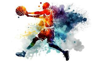 Basketball Aquarell Spritzen Spieler im Aktion mit ein Ball isoliert auf Weiß Hintergrund. neural Netzwerk generiert Kunst foto