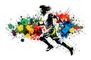 Fußball Fußball Spieler im Aktion mit Regenbogen Aquarell Spritzen. isoliert Weiß Hintergrund. neural Netzwerk generiert Kunst foto