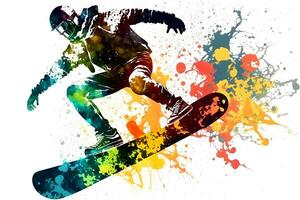 Mann Snowboarder springen auf Snowboard mit regenbogen Aquarell Spritzen isoliert auf Weiß Hintergrund. neural Netzwerk generiert Kunst foto