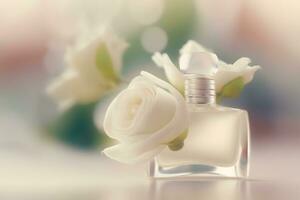 Flasche von Parfüm frisch Rose blühen zart Pastell- farbig Töne. neural Netzwerk generiert Kunst foto