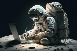 Astronaut im äußere Raum Arbeiten auf ein Laptop. neural Netzwerk ai generiert foto