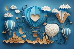 heiß Luft Ballon, Raum Elemente Formen Schnitt von Papier. kreativ Konzept zum Banner, Landung, Hintergrund Entwürfe. neural Netzwerk ai generiert foto