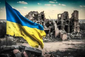 Flagge von Ukraine und zerstört Gebäude. Krieg Konzept. neural Netzwerk ai generiert foto