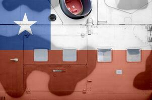 Chile Flagge abgebildet auf Seite Teil von Militär- gepanzert Hubschrauber Nahaufnahme. Heer Kräfte Flugzeug konzeptionelle Hintergrund foto