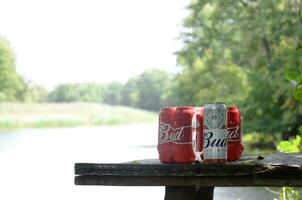 budweiser Knospe Bier Büchsen auf alt hölzern Tabelle draußen beim das Fluss und Grün Bäume Hintergrund foto