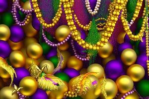 Karneval gras Masken und Karneval gras Perlen Hintergrund. neural Netzwerk ai generiert foto