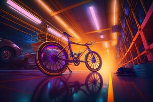 Fahrrad im ein Neon- Garage. neural Netzwerk ai generiert foto