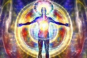 Mensch Aura, spirituell Energie, Meditation Konzept. neural Netzwerk ai generiert foto