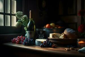 Wein, Käse und Trauben im ein Jahrgang aufstellen. neural Netzwerk ai generiert foto