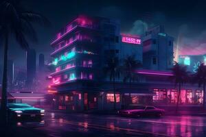 Neon- Stadt Synthwave Retrowave Stil. neural Netzwerk ai generiert foto