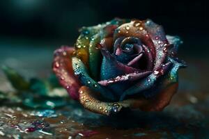 Regenbogen Rose mit Tau Tropfen. neural Netzwerk ai generiert foto