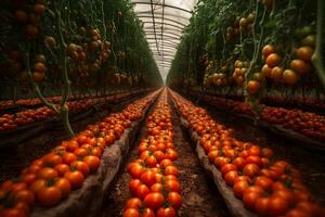 wachsend Tomaten im ein Gewächshaus. neural Netzwerk ai generiert foto