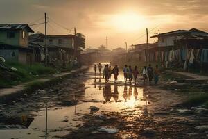Schmutz Straße auf das Straße im Afrika, Kinder sind gehen. neural Netzwerk ai generiert foto