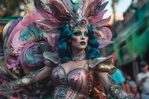 Frau im Feder Kostüm beim Karneval. neural Netzwerk ai generiert foto