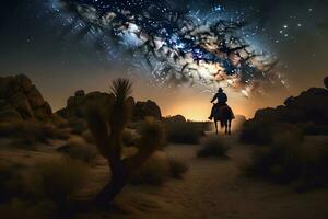 Landschaft mit milchig Weg. Cowboy mit seine Pferd. neural Netzwerk ai generiert foto
