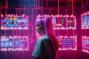Retrowave Synthwave Mädchen Porträt. futuristisch Foto von das 80er Jahre auf ein Neon- Hintergrund. neural Netzwerk ai generiert