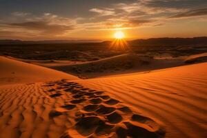 Fußabdrücke im das Sand im das Wüste während Sonnenuntergang. neural Netzwerk ai generiert foto