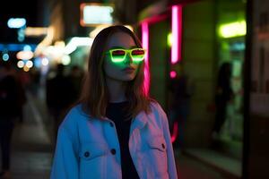 Neon- Porträt von ein Mädchen mit Brille. neural Netzwerk ai generiert foto