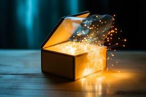 Geschenk Box auf ein dunkel Magie Hintergrund mit Licht Bokeh. festlich Hintergrund, Magie Box mit ein Geschenk. neural Netzwerk ai generiert foto