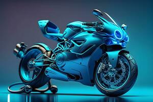 futuristisch Benutzerdefiniert abgewinkelt Licht Motorrad Konzept mit glühend Blau Töne. neural Netzwerk generiert Kunst foto