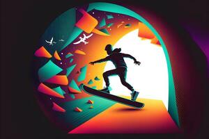 abstrakt extrem Sport Liebhaber führt aus Sprung in Unendlichkeit mit fiktiv Skateboard oder Snowboard. neural Netzwerk generiert Kunst foto