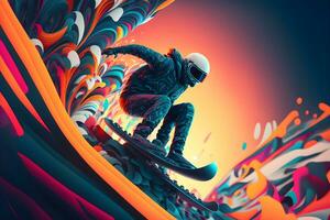 abstrakt extrem Sport Liebhaber führt aus Sprung in Unendlichkeit mit fiktiv Skateboard oder Snowboard. neural Netzwerk generiert Kunst foto