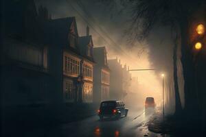 Silhouette im neblig Gasse beim Nacht Stadt Straße, Geheimnis und Grusel nebelig Stadtbild Atmosphäre. neural Netzwerk generiert Kunst foto