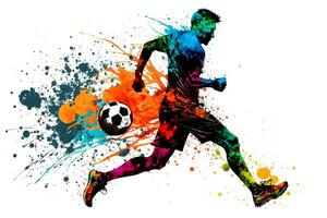 Fußball Fußball Spieler im Aktion mit Regenbogen Aquarell Spritzen. isoliert Weiß Hintergrund. neural Netzwerk generiert Kunst foto