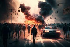 das Menge Unruhen im das Straße, Proteste. Verbrennung Stadt. neural Netzwerk generiert Kunst foto