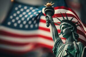 Statue von Freiheit auf das Hintergrund von das amerikanisch Flagge. Demokratie und Freiheit Konzept. neural Netzwerk ai generiert Kunst foto