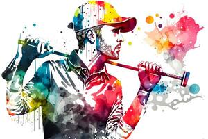 Golf Spieler mit Aquarell Regenbogen Spritzen. neural Netzwerk generiert Kunst foto