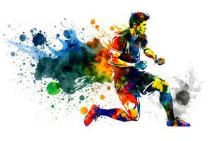 Fußball Fußball Spieler im Aktion mit Regenbogen Aquarell Spritzen. isoliert Weiß Hintergrund. neural Netzwerk generiert Kunst foto