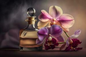schön Damen Parfüm Flasche mit Orchideen. neural Netzwerk generiert Kunst foto