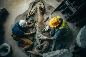 Archäologe funktioniert auf ein archäologisch Seite? ˅ mit Dinosaurier Skelett im Mauer Stein Fossil Tyrannosaurus Ausgrabungen. neural Netzwerk ai generiert foto