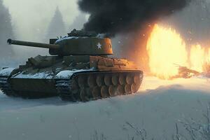 Militär- Schlacht Panzer im Winter Landschaft. neural Netzwerk ai generiert Kunst foto