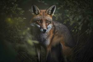 Fuchs im Grün Wald. Tierwelt Szene von Natur. neural Netzwerk ai generiert foto