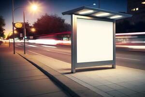 leer Werbung Licht Box auf Bus stoppen, Attrappe, Lehrmodell, Simulation von leeren Anzeige Plakatwand auf Nacht Bus Bahnhof, Vorlage Banner auf Hintergrund Stadt Straße zum Text. neural Netzwerk ai generiert foto