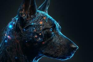 Porträt von ein futuristisch Roboter Hund. ein künstlerisch abstrakt Cyberpunk Fantasie. Konzept von ein Cyber Hund. neural Netzwerk generiert Kunst foto