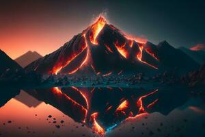 Nacht Fantasie Landschaft mit abstrakt Berge und Insel auf das Wasser, explosiv Vulkan mit Verbrennung Lava. neural Netzwerk generiert Kunst foto