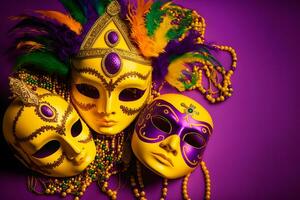 Gruppe von venezianisch Karneval gras Maske oder Verkleidung auf ein bunt hell Hintergrund. neural Netzwerk generiert Kunst foto
